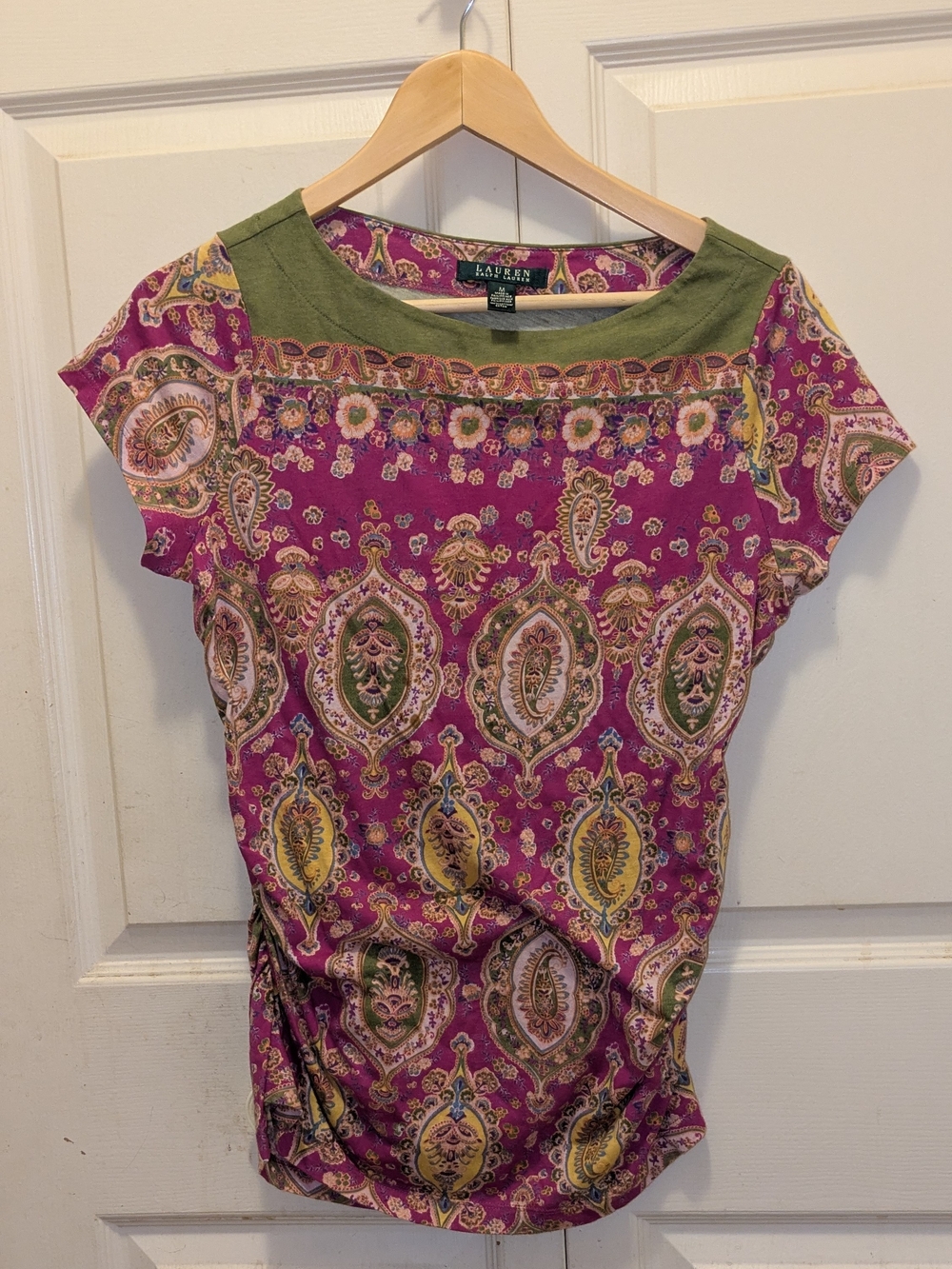 Lauren Ralph Lauren Purple Paisley Short Sleeve Tee with Olive Trim Sz Medium
